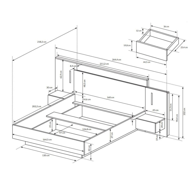 Двуспальная каркасная кровать с прикроватными тумбами Perfect Home Cube 160 264,4x218,2x102 Белый/Дуб крафт золотой (PFH-091046)