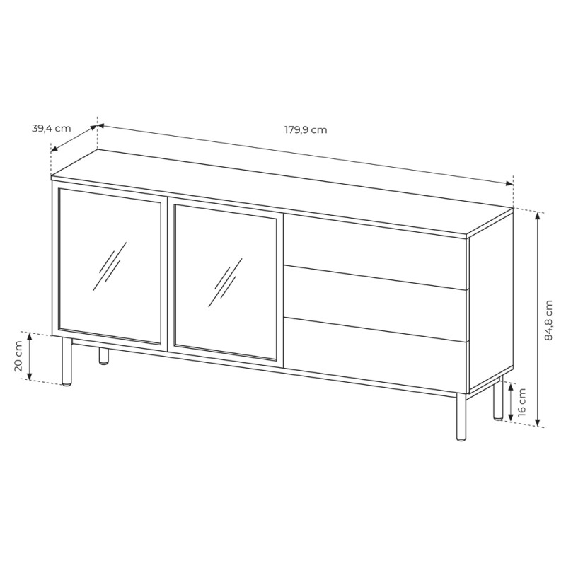 Комод с телескопическими направляющими Perfect Home Lang 2D3S/180 179,9x84,8x39,4 Черный/Дуб эвок (PFH-091142)