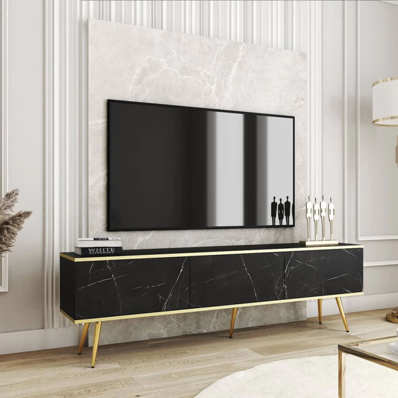 Тумба під телевізор Perfect Home Oro RTV175 3D 175х53х32 Чорний мармур (золоті ніжки) (PFH-091322) - фото 