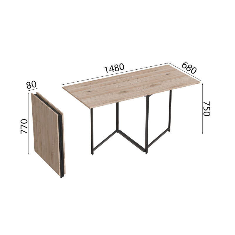 Стіл трансформер книга Панама Ferrum-decor 75x148x68 Чорний метал ДСП Дуб Сан-Марино 16 мм (FRD-106830)