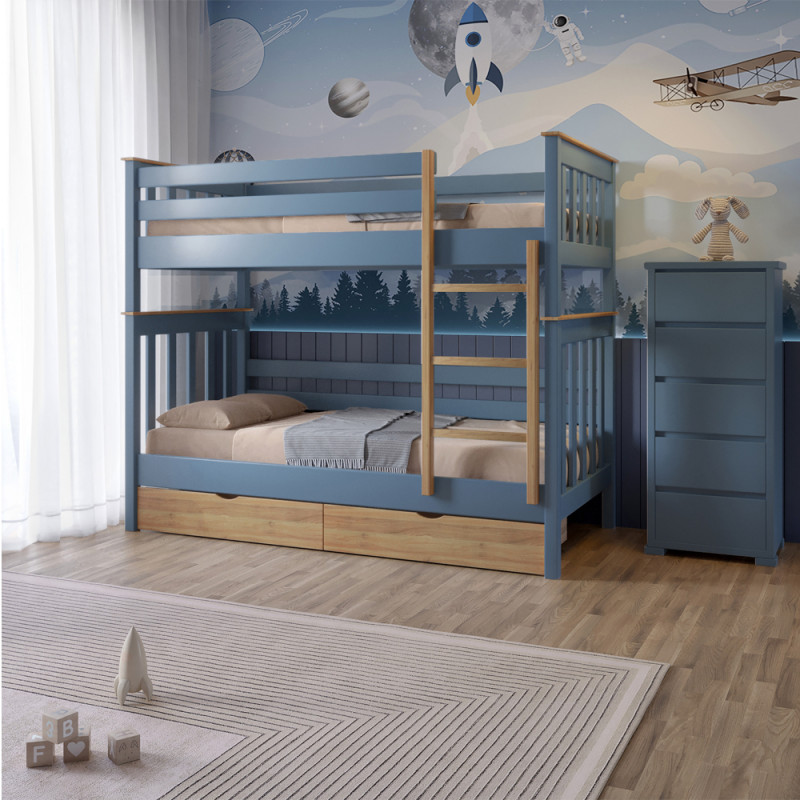 Двухъярусная детская кровать Mebigrand Скандинавия Мини Серо-синий (S7010R90B)/Орех светлый 70х190 см с ящиками (MBG-16435) - фото 
