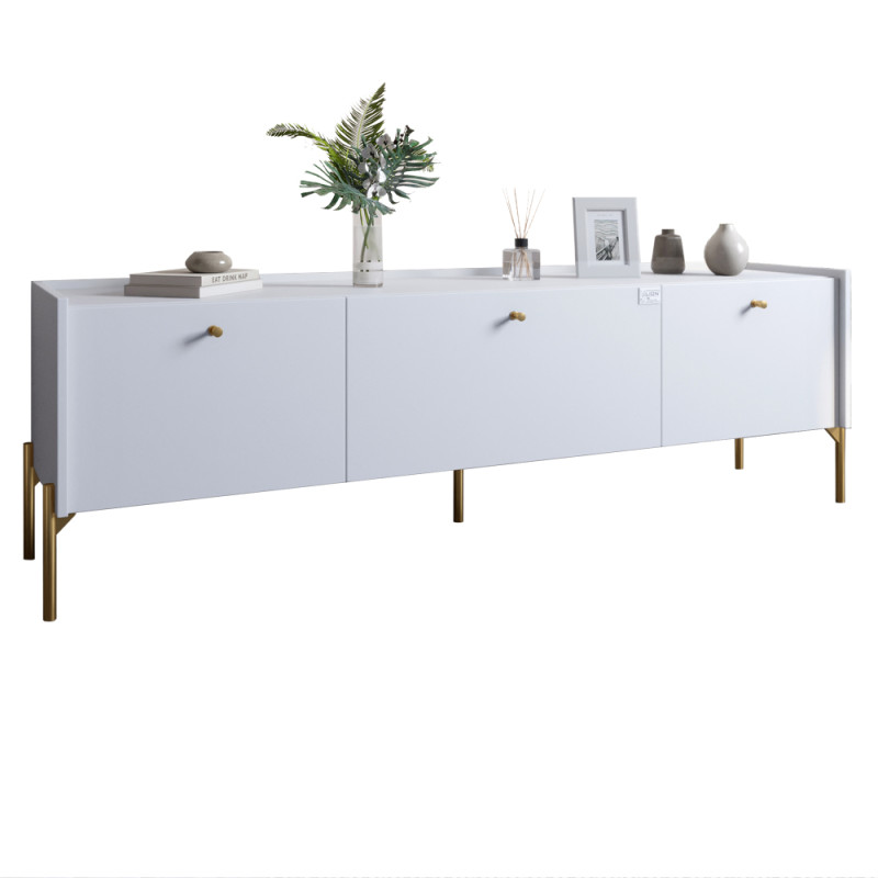 Тумба под телевизор на 3 ящика LION Wood с золотыми ножками 180x40x50 см Нимфея Альба (белый) (LION-042997)