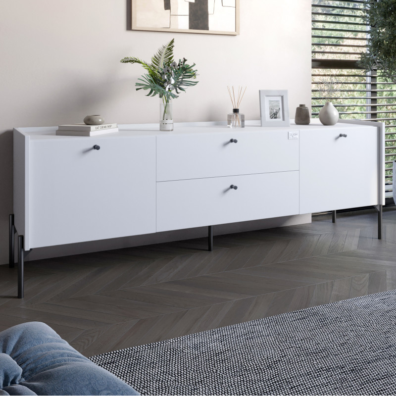 Тумба под телевизор с ящиками LION Wood с черными  ножками 160x40x65 см Нимфея Альба (белый) (LION-043132) - фото 