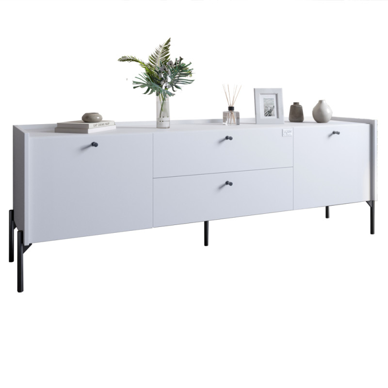Тумба под телевизор с ящиками LION Wood с черными  ножками 160x40x65 см Нимфея Альба (белый) (LION-043132)