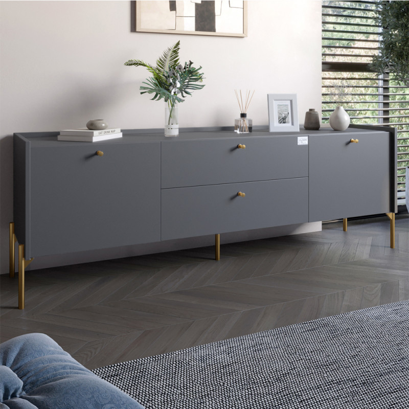 Тумба под телевизор с ящиками LION Wood с золотыми ножками 160x40x65 см Антрацит (LION-043106) - фото 