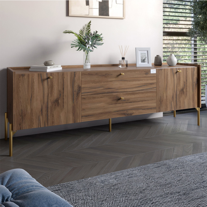 Тумба під телевізор з шухлядами LION Wood з золотими ніжками 160x40x65 см Дуб Ліворно (LION-043114) - фото 