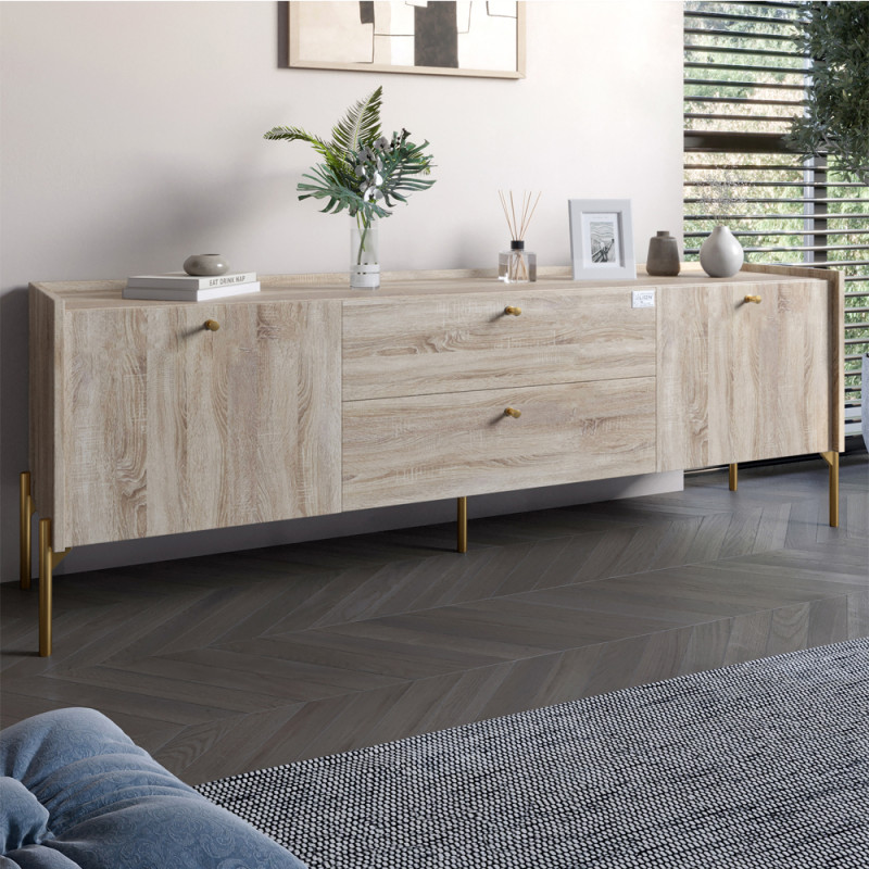 Тумба під телевізор з шухлядами LION Wood з золотими ніжками 160x40x65 см Дуб Сонома (LION-043115) - фото 