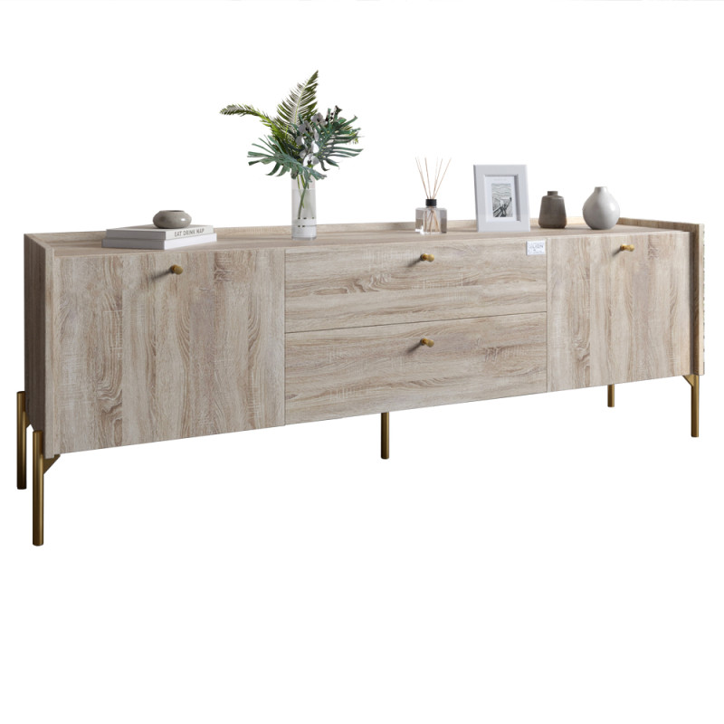 Тумба під телевізор з шухлядами LION Wood з золотими ніжками 160x40x65 см Дуб Сонома (LION-043115)