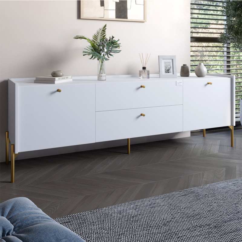 Тумба під телевізор з шухлядами LION Wood з золотими ніжками 160x40x65 см Німфея Альба (білий) (LION-043118) - фото 