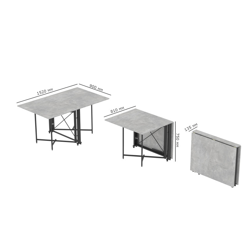 Стол обеденный трансформер книжка Орион Pro Ferrum-decor 75x152x90 Черный металл ДСП Бетон 16 мм (FRD-107402)